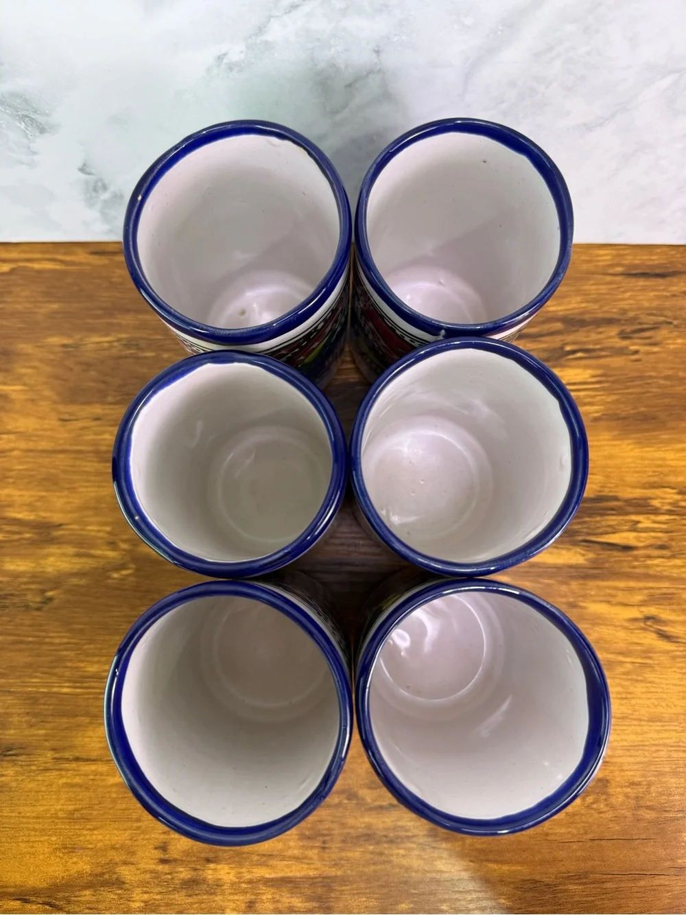 Set of 6 Mexican Talavera Style Pottery Tumblers Hand Painted Fish Folk Art Cups